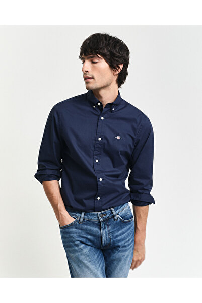 Gant Erkek Lacivert Slim Fit Düğmeli Yaka Broadcloth Gömlek