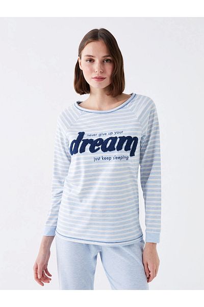 LC Waikiki Set de pijamale pentru femei cu mânecă lungă, brodat cu decolteu, albastru Lcw Dream