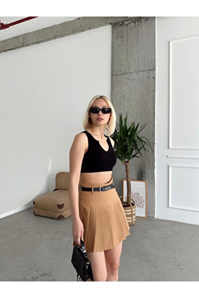 Jeevee Crepe Fabric Printed Belt Pleated Shorts Skirt