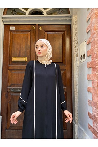 JALİA Ecru Piping Detailed Handle Elastic Comfortable Fit Thin Woven Zippered Ferace