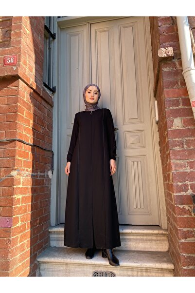 JALİA Black Piping Detailed Handle Elastic Comfortable Fit Thin Woven Zippered Ferace