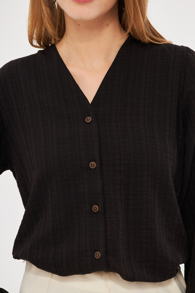 armonika Kadın Siyah Kolu Lastikli Bürümcük Gömlek ARM-24K001002