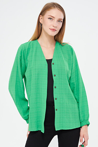 armonika Ανοιχτό πράσινο τσαλακωμένο γυναικείο πουκάμισο - ελαστικό μανίκι ARM-24K 001002