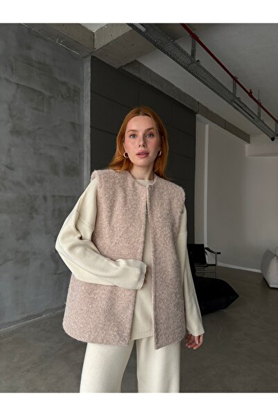 Zey Studio Γυναικείο μπεζ γιλέκο με λαιμόκοψη ποδηλατικού τύπου