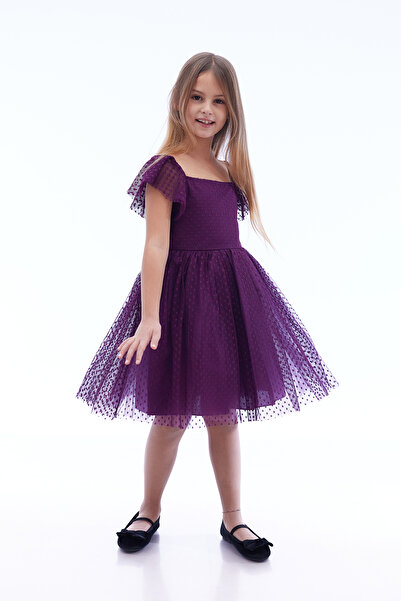 Ahengim Kids Kız Çocuk Kare Yaka Trend Tül Elbise AK2242