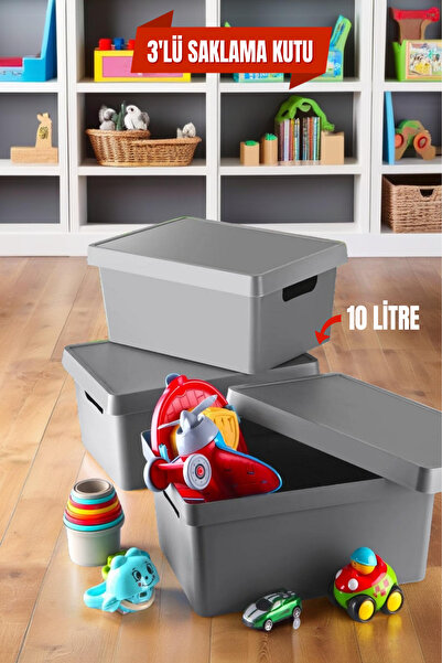 3 Pieces Anthracite Toy Box with Lid 10 Lt.