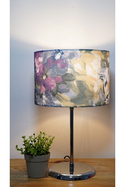 retro home design Mor Çiçekli Model Krom Ayaklı Dekoratif Masa Lambası Abajur