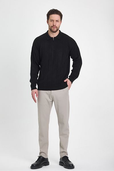 TREND KOMBİN Pulover de tricotaj negru sezonier cu jumătate de fermoar cu gât polo pentru bărbați – Design elegant și confortabil