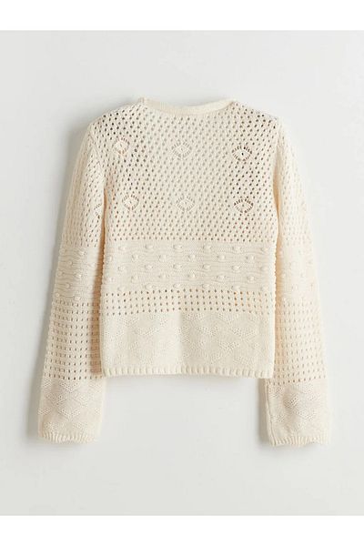 LC Waikiki Lcw Kids Ecru V-Neck Openwork Girl's Knitwear Cardigan