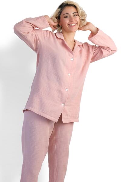 DALİSA Kadın Müslin Pijama Takımı Düğmeli Yakalı Pijama, Lohusa Pijaması