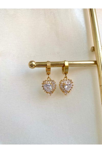 Silver Gold Çelik Kristal Kalpli Küpe