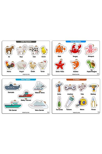 kutuTR Notpa Educational and Educational Wooden Colorful Puzzle for Children - Set of 4 101 Animals Vehicles Tools