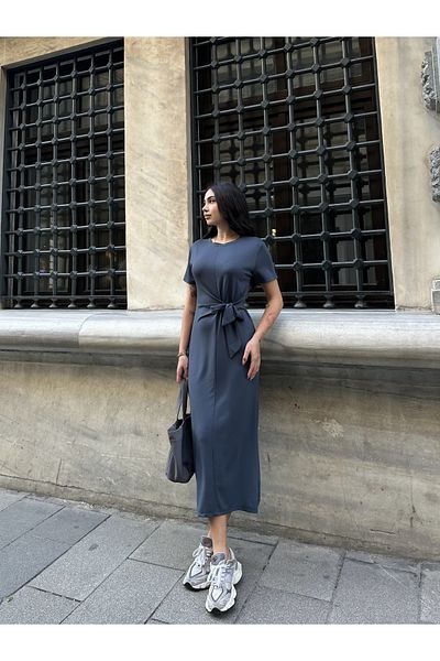 AB LOOKS Γυναικείο κοντομάνικο Oys Premium βαμβακερό ύφασμα με πλαϊνό δέσιμο μακρύ μάξι φόρεμα μέχρι τον αστράγαλο
