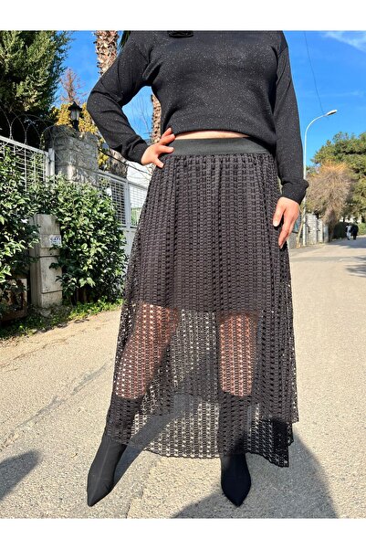 MJORA Siyah Astarlı File Dantel Astarlı Etek