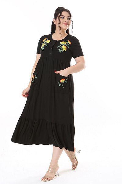 Şans Μαύρο Κεντητό Φόρεμα Plus Size - Πλακέτα με Κουμπιά 65N38169
