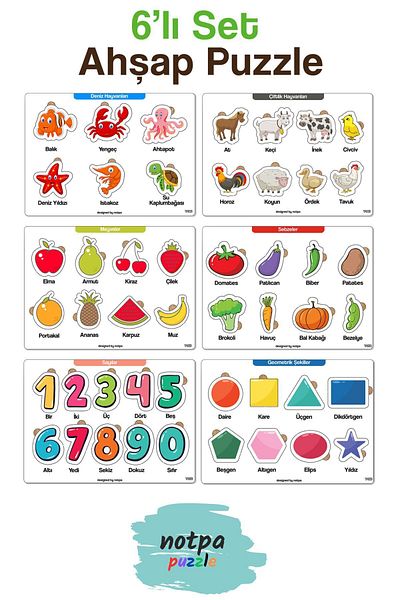 kutuTR Mega Puzzle Set - 6-Piece Wooden Puzzle, Numbers Shapes Fruits Animals Vegetables