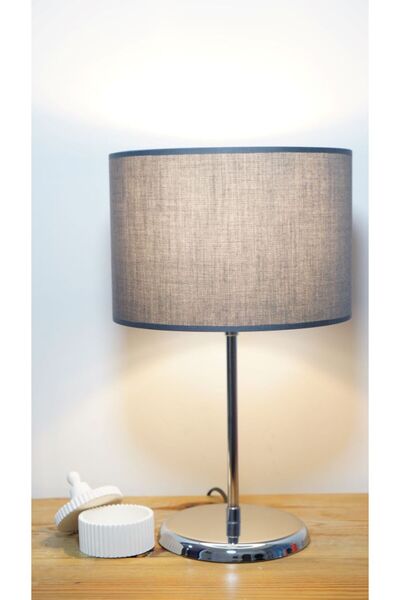 retro home design Gri Kumaş Model Krom Ayaklı Dekoratif Masa Lambası Abajur