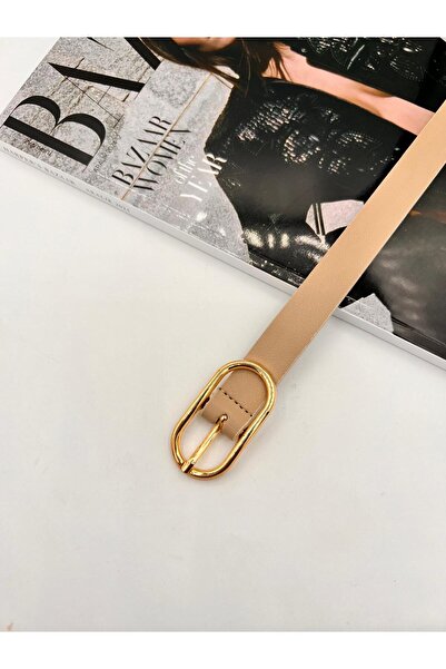 MODAM HİFA Long Oval Buckle Gold Women's Belt Trouser Belt Dress Belt Shirt Belt Coat Belt