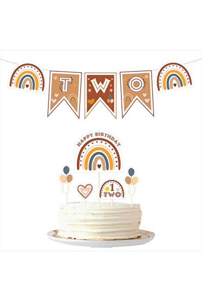 SİYAH PARTİ EVİ Boho Temalı 2 Yaş Doğum Günü Bayrak - Pasta Süsü Seti