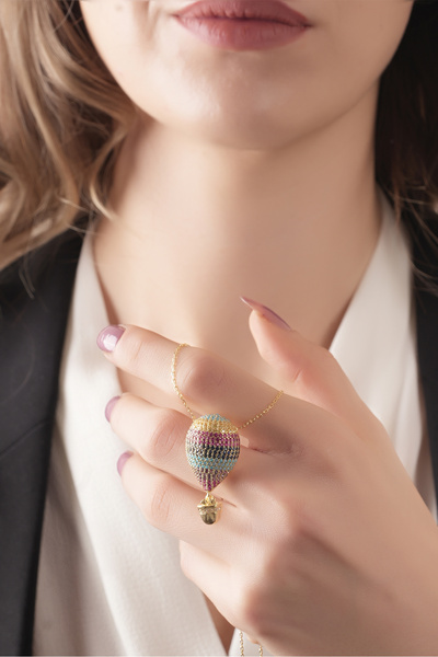 SUNSHINE 925 Ayar Gümüş, Gold Kaplamalı , Büyük Boy Kapadokya Balon Kolye