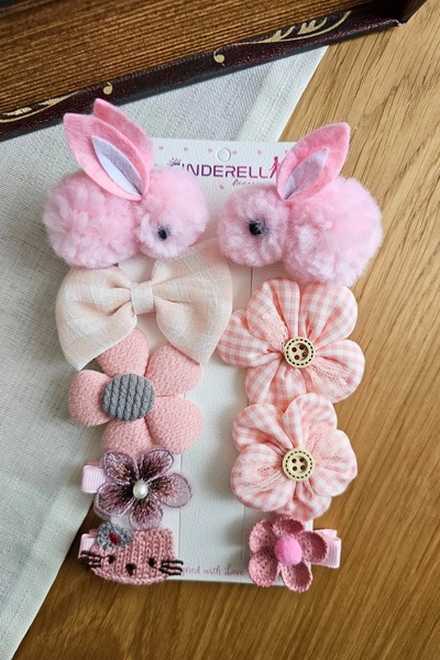 Cinderella 9'lu Pembe Tavşanlı Kız Bebek Pens Toka Seti - Fiyonk Kurdele Inci...