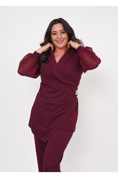 Butik Nilyam طقم فستان سهرة قابل للتمدد بمقاس كبير مع خط عنق مزدوج الصدر وأكمام شيفون - بنطلون بأزرار للخصر 24718