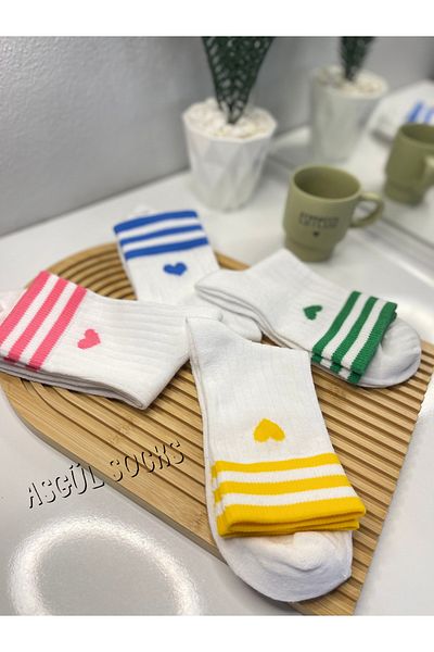 ASGÜL SOCKS Heart Pattern Striped College Socks Set 4 Pairs
