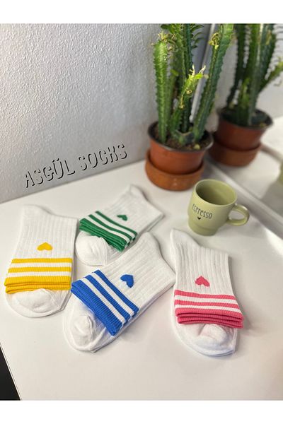 ASGÜL SOCKS Heart Pattern Striped College Socks Set 4 Pairs