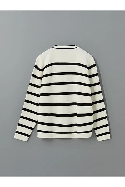 LC Waikiki Lcw Modest Ecru Crew Neck Striped Women's Knitwear Cardigan