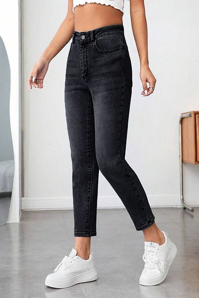 CEDY DENIM Mom Fit Jean Vysoký pas Boyfriend Střih Strečové antracitové dámské džínové kalhoty C599