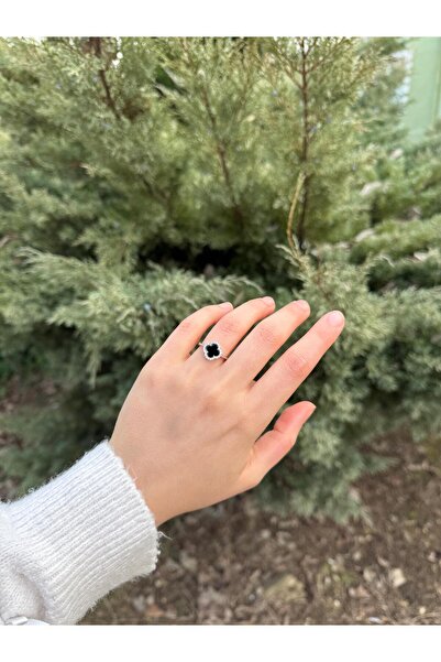KARSU Gümüş Yüzük Onix Taşlı Yonca Model 925 Ayar Gümüş Yüzük