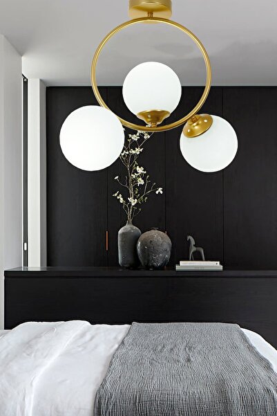 Taşcan Aydınlatma Evren 3 Lü Gold Plafonyer Avize-beyaz Camlı