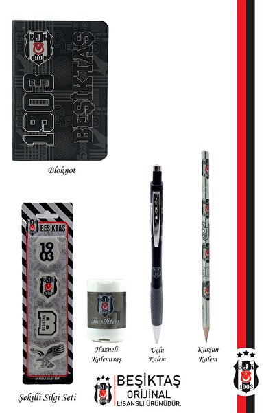 Beşiktaş Beşiktaş Orijinal Lisanslı Kalem Bileklik Kalemtraş Bloknot Silgi Hediyelik Set