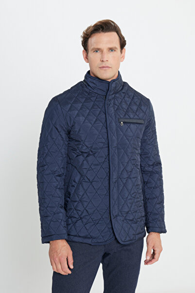 ALTINYILDIZ CLASSICS Ανδρικό παλτό με μοτίβο γιακά με κανονική εφαρμογή Navy Blue Standard