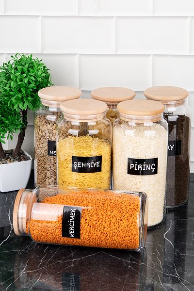 DNS HOME Set of 6 Glass Jars Large Size Food Pulses with Wooden Vacuum Lid 1300 ml