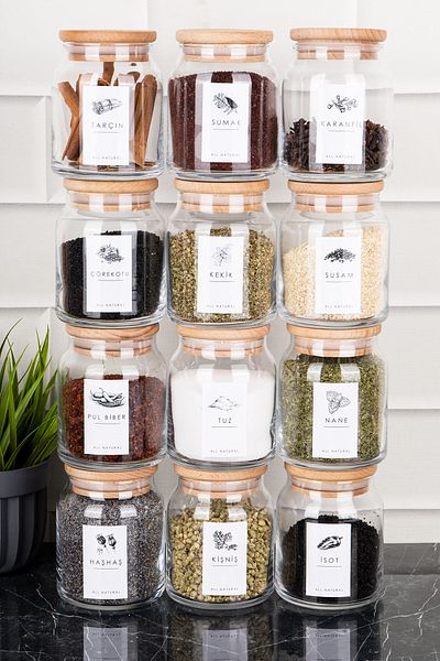DNS HOME 300 ml Glass Spice Rack Set - Wooden Vacuum Lid Jar Set with Label