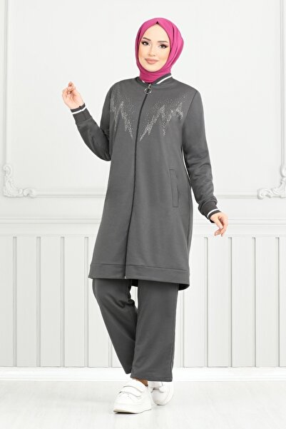 ModaMerve Anthracite Stone Detailed Double Set - 9117Pl940-M