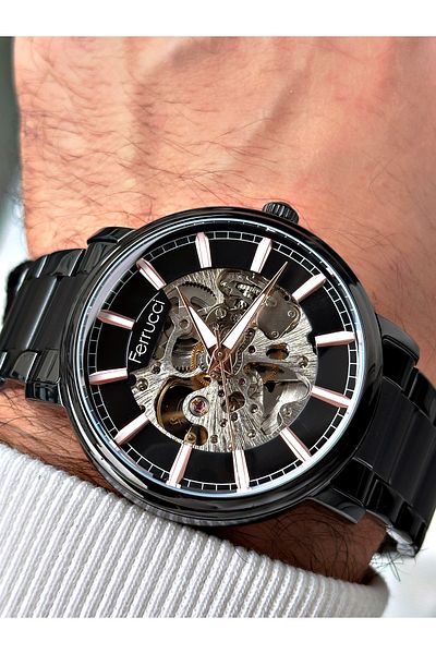 Ferrucci Black Color Steel Band Men Wrist Watch with Fully Automatic Mechanism