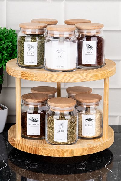 DNS HOME 10-Piece Natural Wood Vacuum Lid Rotating Stand Labeled Spice Dispenser Set Glass Jar Set 300ml