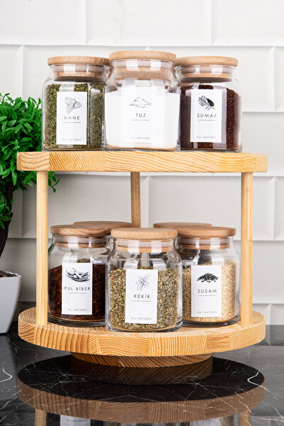 DNS HOME 10-Piece Natural Wood Vacuum Lid Rotating Stand Labeled Spice Dispenser Set Glass Jar Set 300ml