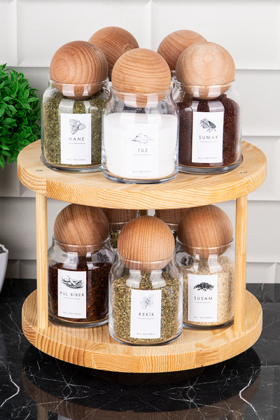 DNS HOME Set of 10 Natural Wood Ball Lids Rotating Stand Labeled Glass Seasoning Dishes Jar Set 300ml