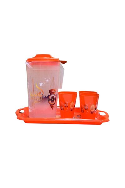 IQTENA Transparent Plastic Ramadan Jug Set with 3 Glasses & Elegant Serving Tray
