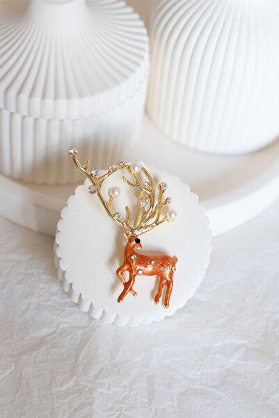 DHARMONYCO Taşlı İncili Geyik Broş