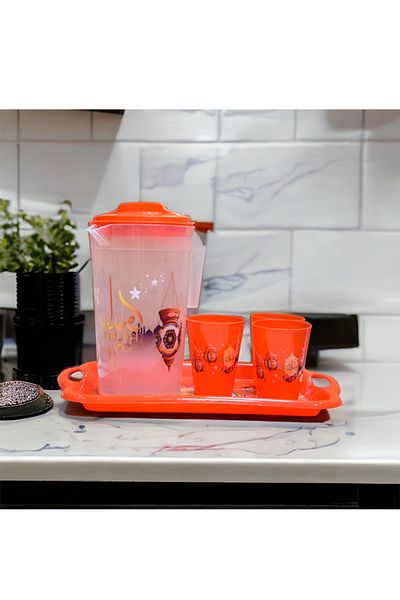 IQTENA Transparent Plastic Ramadan Jug Set with 3 Glasses & Elegant Serving Tray