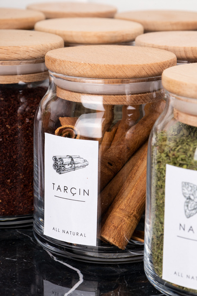 DNS HOME 300 ml Glass Spice Rack Set - Wooden Vacuum Lid Jar Set with Label
