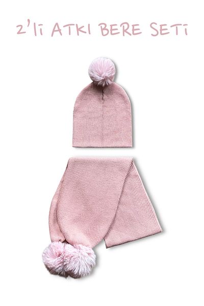 Battani.Co 100% Cotton Pink Plush Pompom Rib Knitwear Knitted 2-Piece Scarf Beanie Set