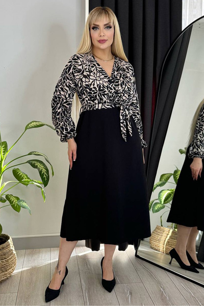 RURIS Women's Black Floral Print Double Breasted Neckline Balloon Sleeve Belted Lycra Midi Oversize Plus Size Evening Dress