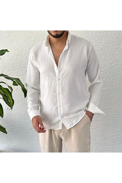 tetramoda Cămașă de in - Design alb Crinkle