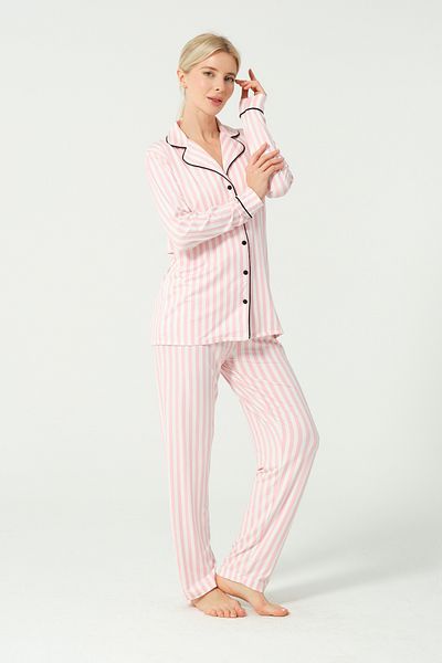 DOFİ Dofi Women &Apos; S Pink Stripe Pajamas Set – Buttoned, Ribbed, Soft Dty Fabric