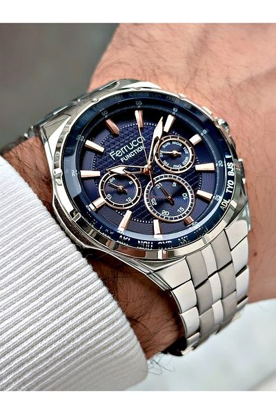 Ferrucci men's Wristwatch - Silver-navy, Waterproof Steel Cord, Functional